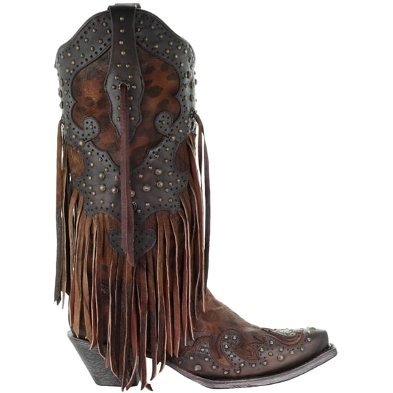 Corral Boots Womens Leopard Print Fringe Snip Toe Cowboy Mid Calf Boots