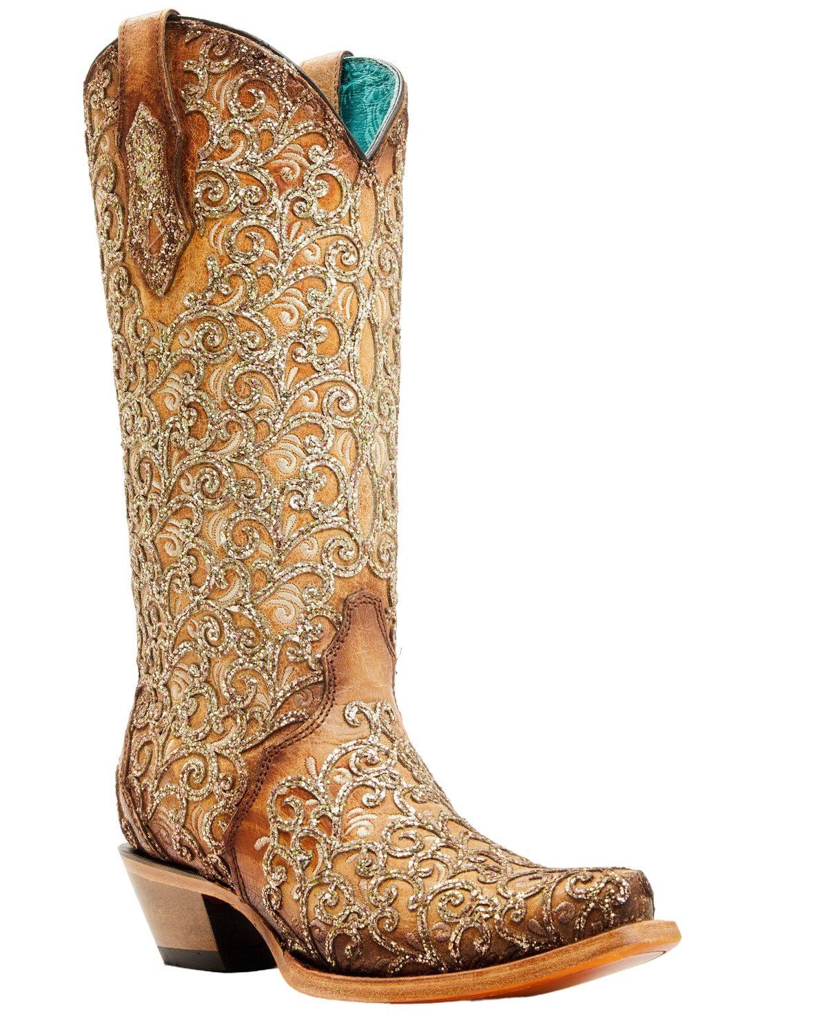 Corral Women s Saddle Glitter Overlay Triad Western Boot Snip Toe Brown 7 M US