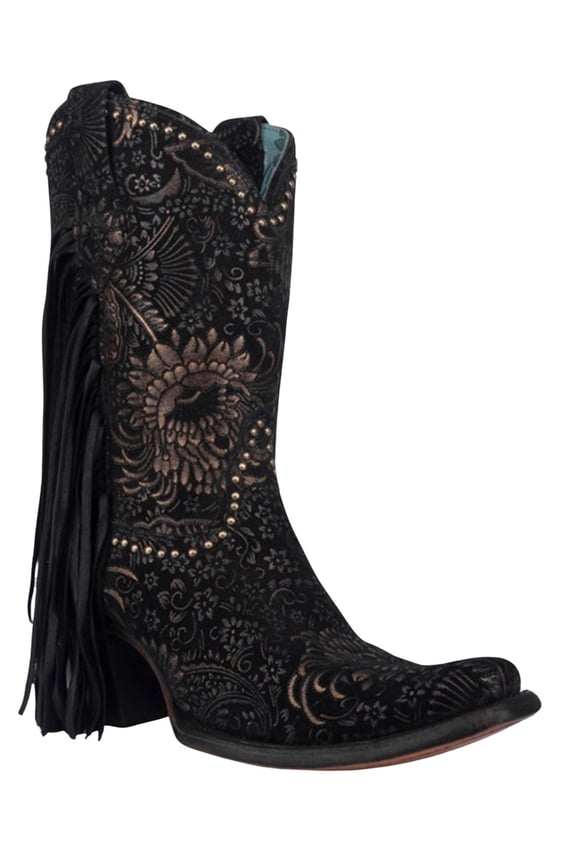 Corral Women's Stamped Floral Suede Fringe Western Boot Square Toe - A4492 8 M US