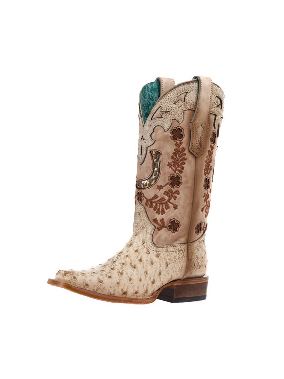 Corral Womens Women's Ostrich Vamp 13" Sand Embroidered Top Boot 8.5 B Ivory