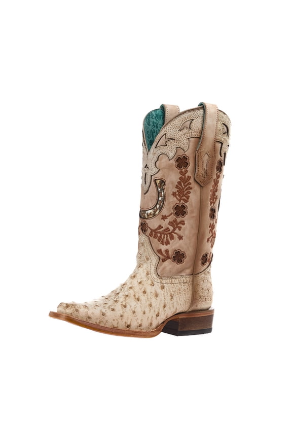 Corral Womens Women's Ostrich Vamp 13" Sand Embroidered Top Boot 8 B Ivory