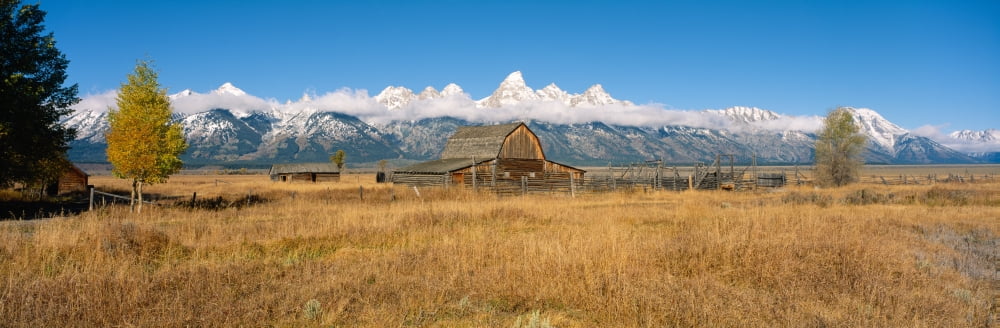 Corral and old barn in a field Grand Teton National Park Wyoming USA Canvas Art - Panoramic Images (6 x 18)