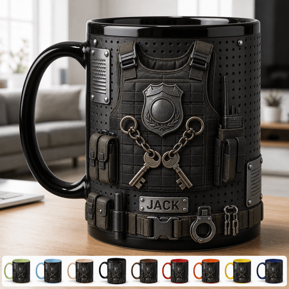 Correction Officer Mug Personalized Accent Mug with Badge Keys Tactical Belt, Father's Day Gift for Dad
