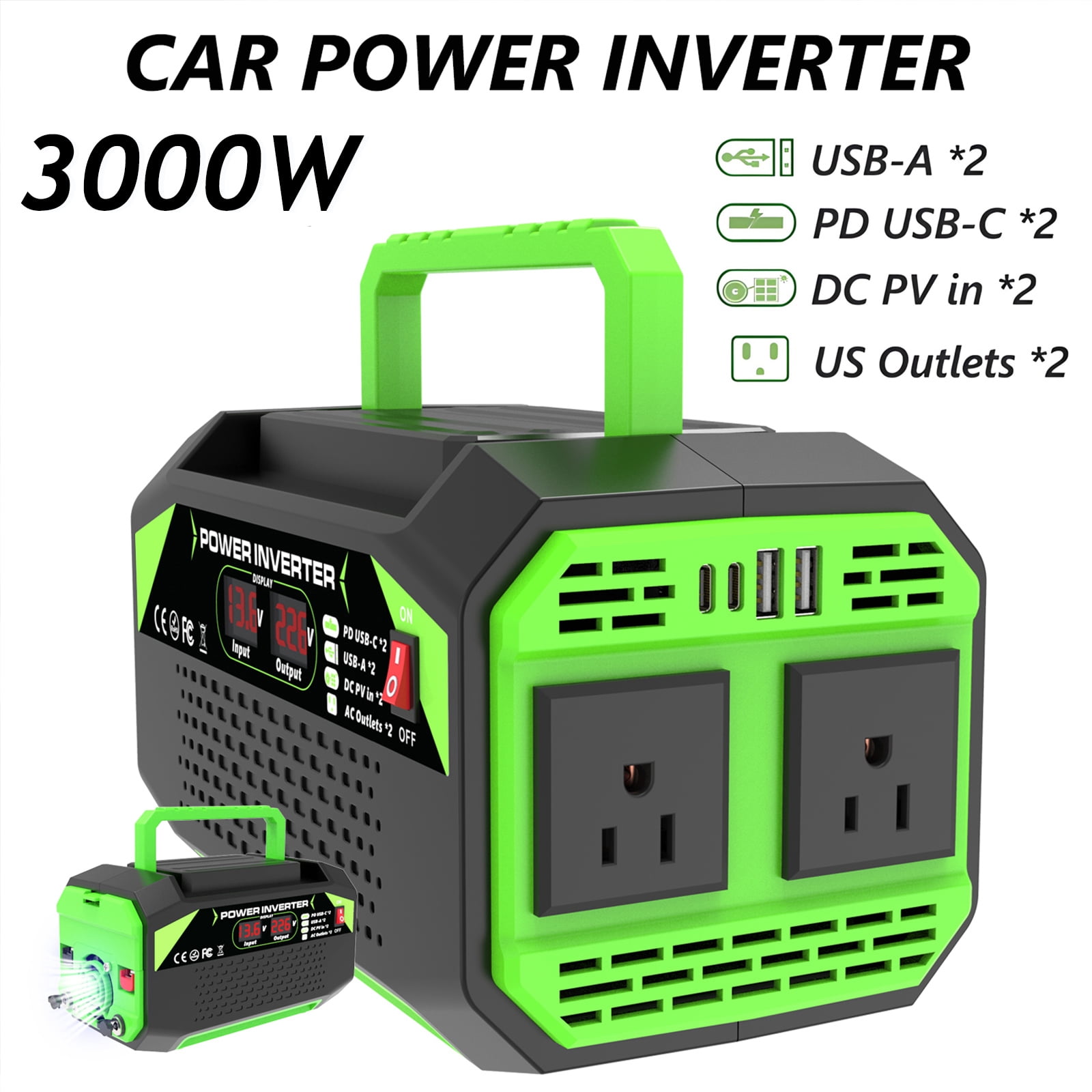 Pure Sine Wave Power Inverter 3000W 12V to 110V for Solar System/Home/Outdoor/RV/Camping Power Inverter with 2 AC Outlets, 2 USB, 2 Type-C, 2 DC PV Ports
