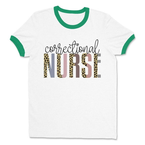 Correctional Nurse Leopard Print Ringer Tee Shirt Unisex Small White/Kelly Green