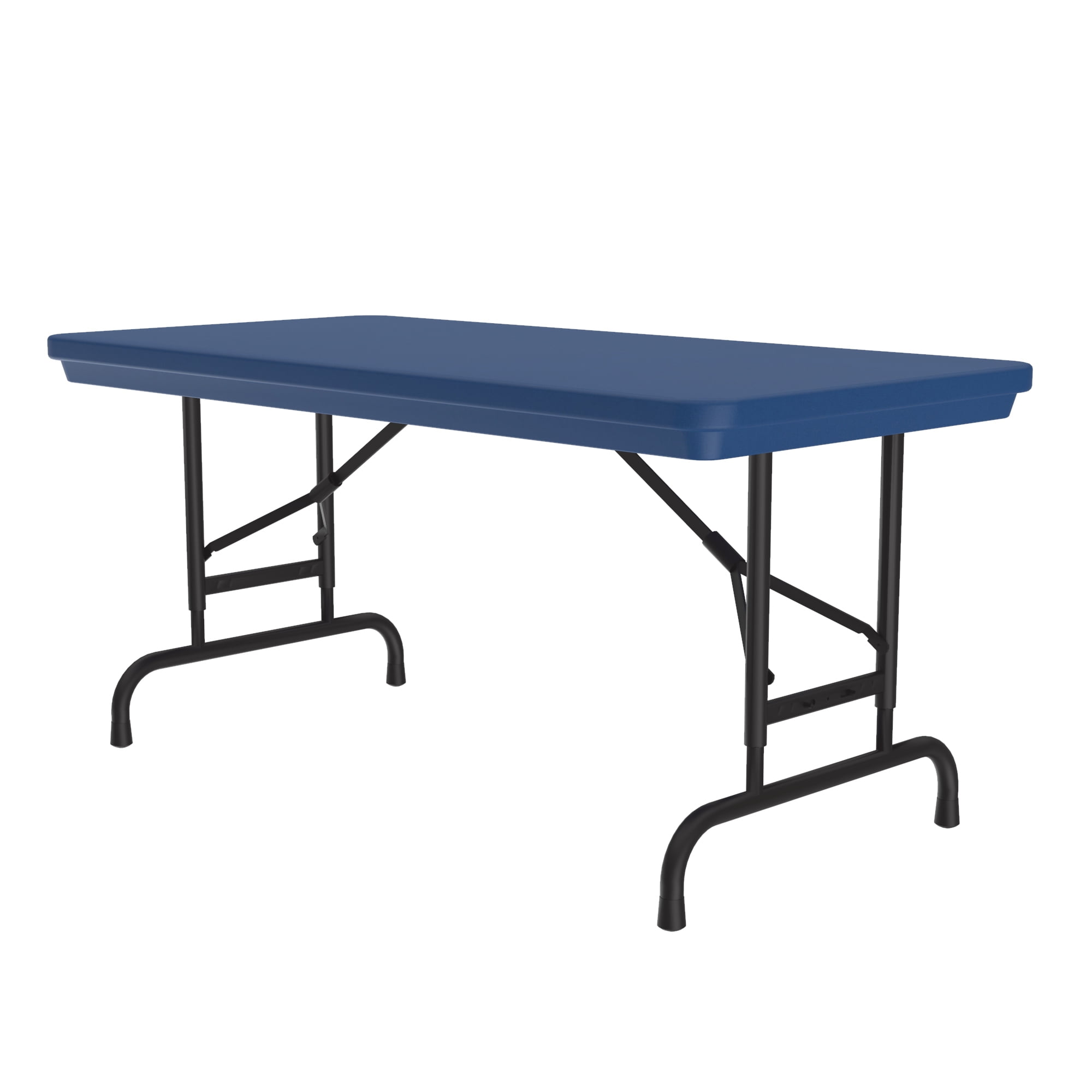 Adjustable Height Blue Plastic Top Folding Table with Black Steel Frame