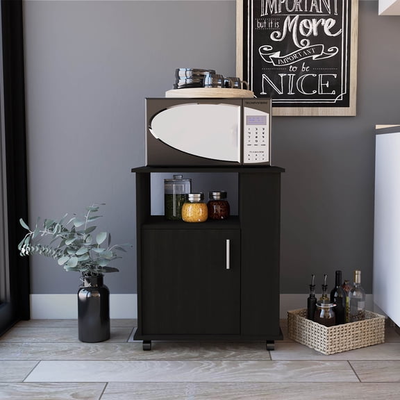 Correy 4-Shelf Microwave Stand with Casters, Black Wengue, Kitchen Storage Solution for Microwave and Appliances