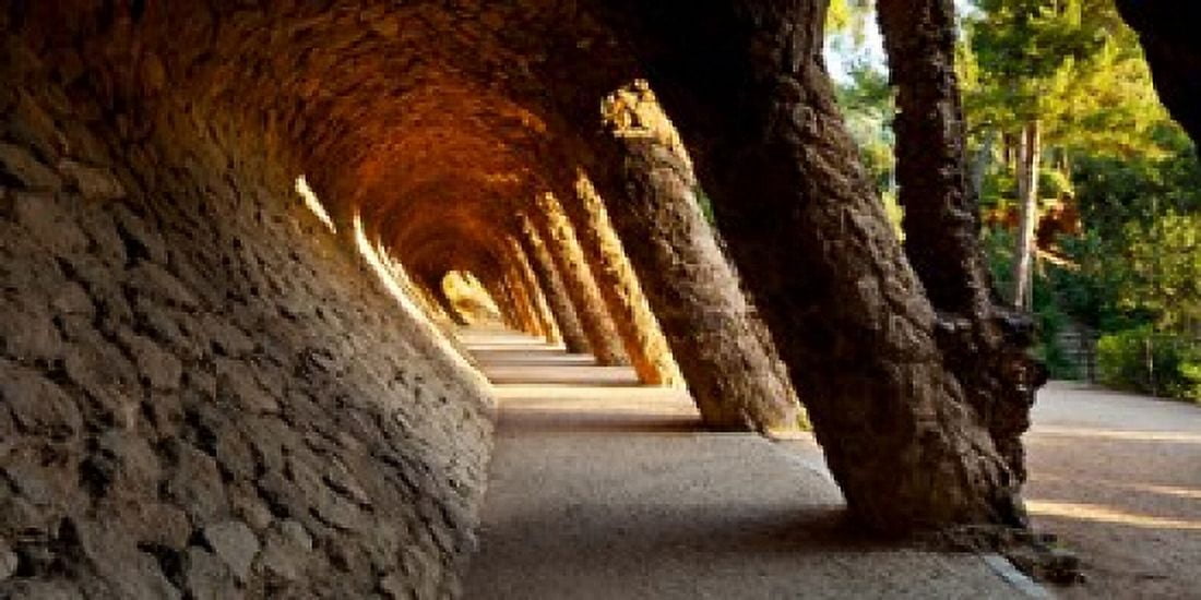 Corridor in a park Park Guell Barcelona Catalonia Spain Canvas Art - Panoramic Images (24 x 12)