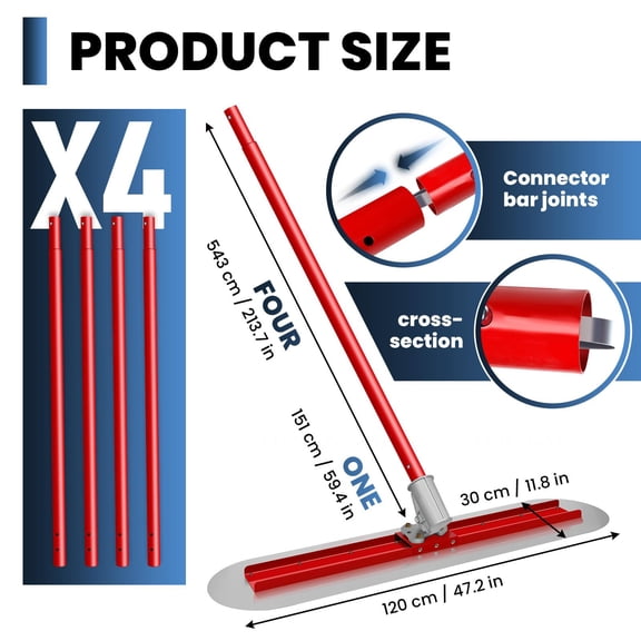 Corrosion Resistant Masonry Float, 48in x 12in Red Stainless Steel Fresno Trowel, Round End Light Duty Concrete Finishing Float with 4 Section Extension Rod for Patio Cement Smoothing