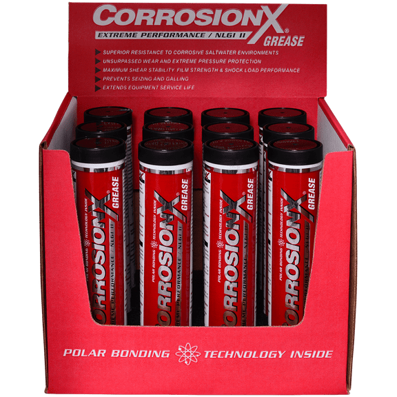CorrosionX Grease, NLGI #2 Overbased Calcium Sulfonate Complex Grease, Saltwater Resistant Extreme Pressure Lubricant, twelve 15 oz tubes in Point -of-Sales display case