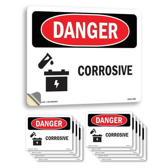 Corrosive OSHA Danger Vinyl Decal Label 7 Inch x 5 Inch - 10 Pack