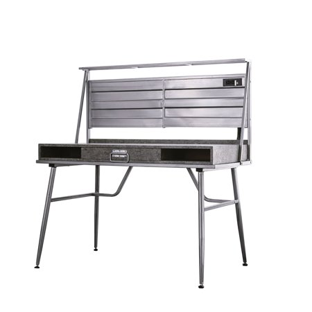 Corrugated Back Metal Frame Desk with USB Docks, Gray and Silver- Saltoro Sherpi
