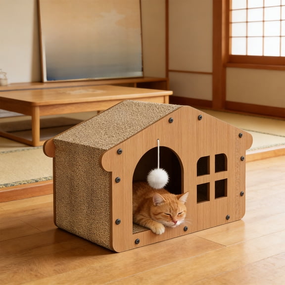 Corrugated Cardboard Cat Scratcher and Bed 2-in-1 – Durable Scratch-Resistant Pad with Cozy Nap Cave for Indoor Cats, Multi-Functional Toy for Play & Sleep (Brown)