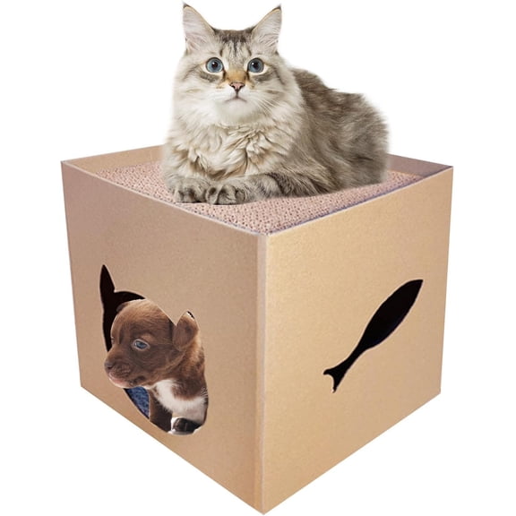 Corrugated Cardboard Cat Scratching House with Cube Cave for Sleeping, Hiding and Play