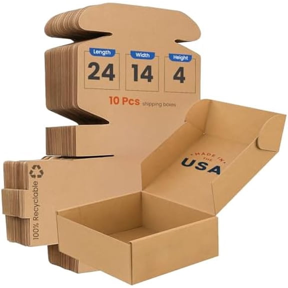 Corrugated Mailer Box 10 Pcs, All Kraft Boxes For Packaging Small Business, Heavy Duty Moving Cases, 24"L x 14"W x 4"H Retail Shipping Carton, Packing Supplies, Literature Mailer (B-Flute)$$Office