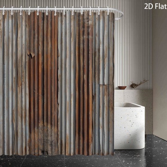 Corrugated Metal Shower Curtain, Rustic Farmhouse Metal Texture Print Bathroom Decor, 70x70 Inch