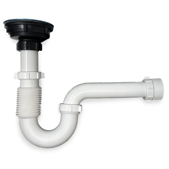 Corrugated P-Trap Drain Kit, All-In-On Plumbing Set with Metal Strainer Basket. For 1-1/2 inch Kitchen Sinks, Fits 3-1/2 inch Holes
