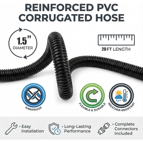 Corrugated Pond Tubing - Flexible, Kinkproof, Reinforced PVC Hose for Water Gardens, Pumps, Waterfalls & Aquaculture (20 Feet Black, 1-1/2 Inch)