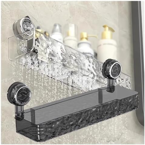 Corrugated Suction Cup Storage Holder Corner Shower Caddy Large Organizer Bathroom Shelf Clear Acrylic Shower Tray Shelves Inside Floating Shower Wall Shelf Bath Basket Rack Heavy Duty (Rect-Grey)