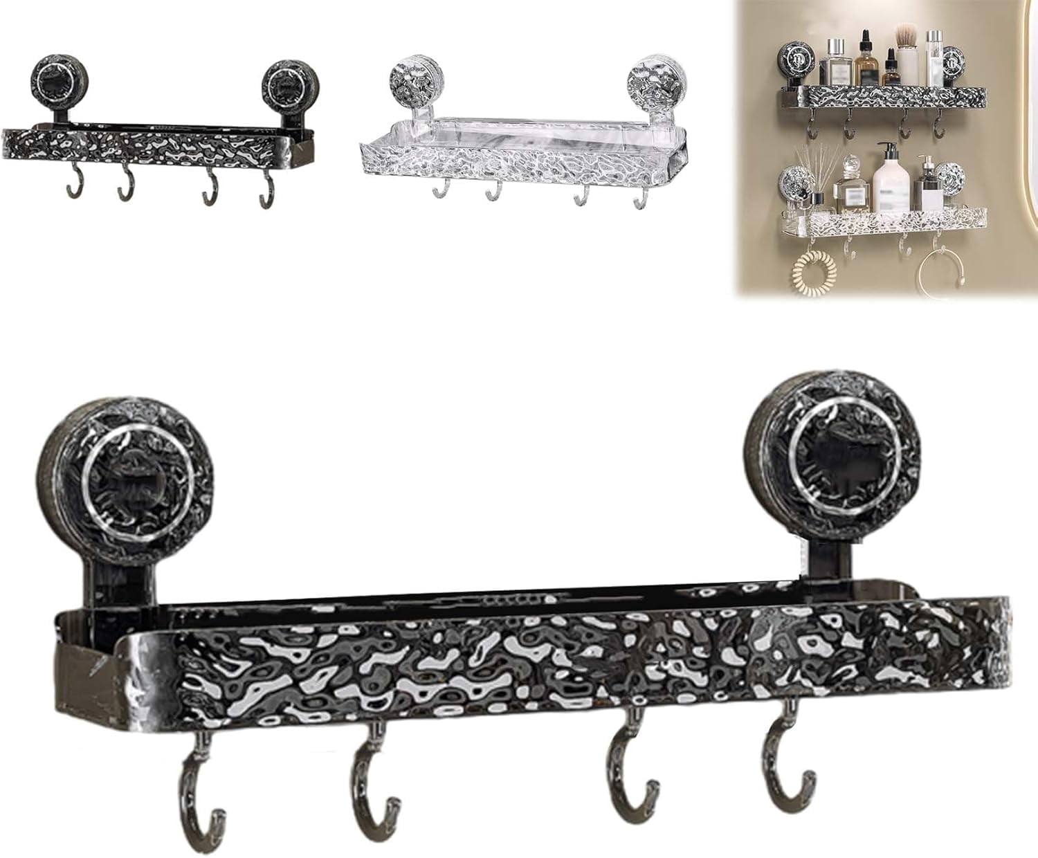 Corrugated Suction Cup Storage Rack - No-Drill Glacier Pattern Shelf For Bathroom & Kitchen (White) - View #4
