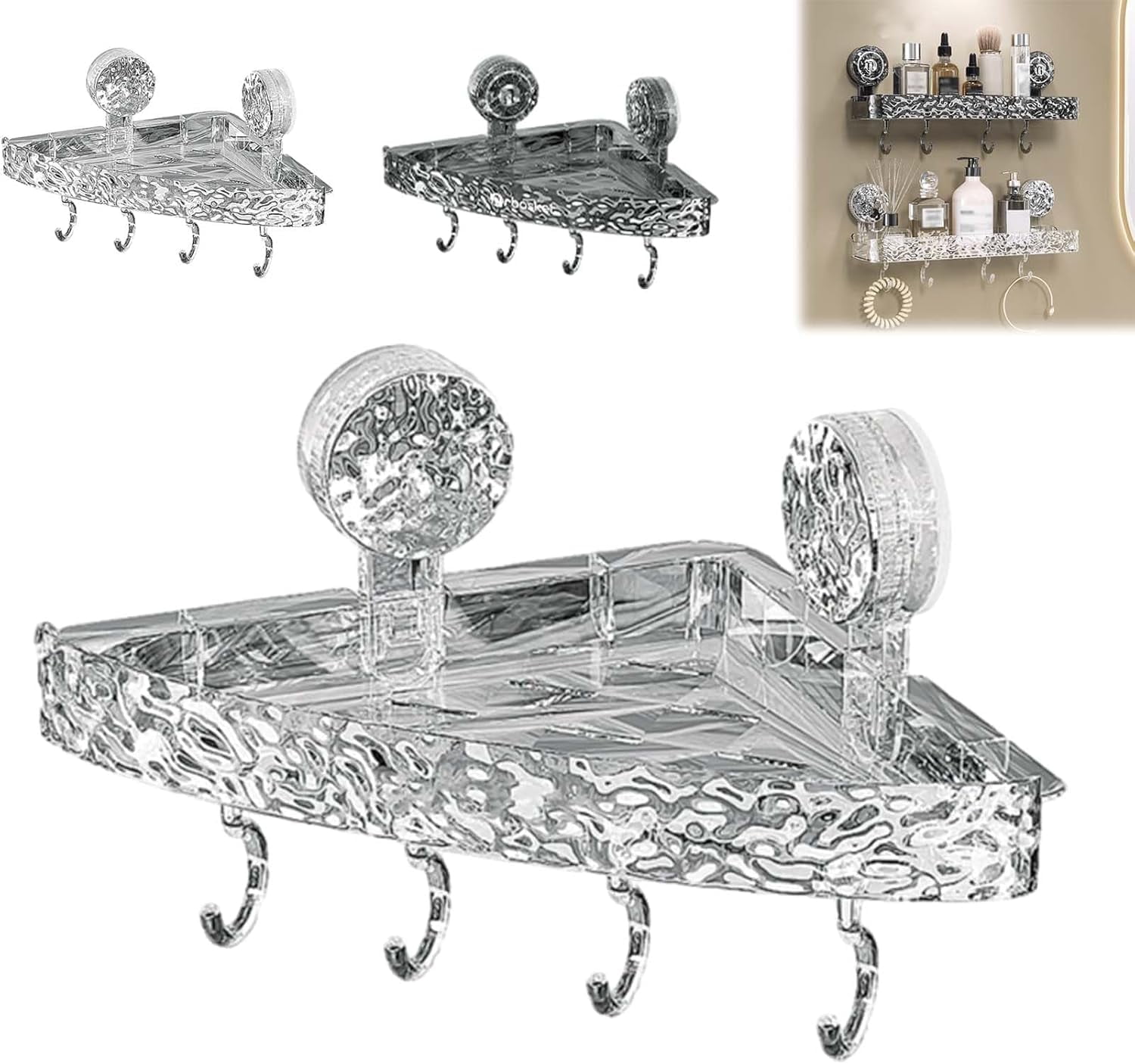 Corrugated Suction Cup Storage Rack - No-Drill Glacier Pattern Shelf For Bathroom & Kitchen (White) - View #10