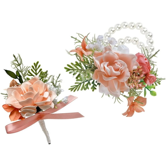 Corsage and Boutonniere Set, Blush Powder Handmade Artificial Rose Peony Wrist Corsage and Groom Flower Boutonniere for Bridesmaid Hand Flower, Anniversary Wedding, Prom Suit Decorations