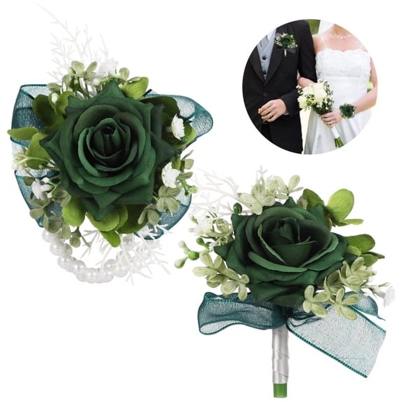 Corsage and Boutonniere Set for Wedding, Dark Green Artificial Rose Flowers, Pearl Wristband, Fabric Flower Decoration Suit Accessory for Prom Party, Homecoming Celebration