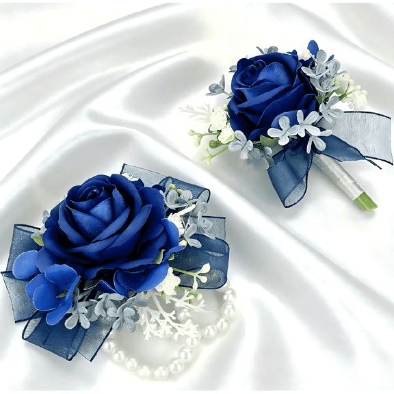 Corsage Wristlet and Boutonniere Set, Blue Wrist Corsage with Double Pearl Bracelet, Blue Pocket Boutonniere for Men Wedding Prom Party Suit Decor (2 Pack)