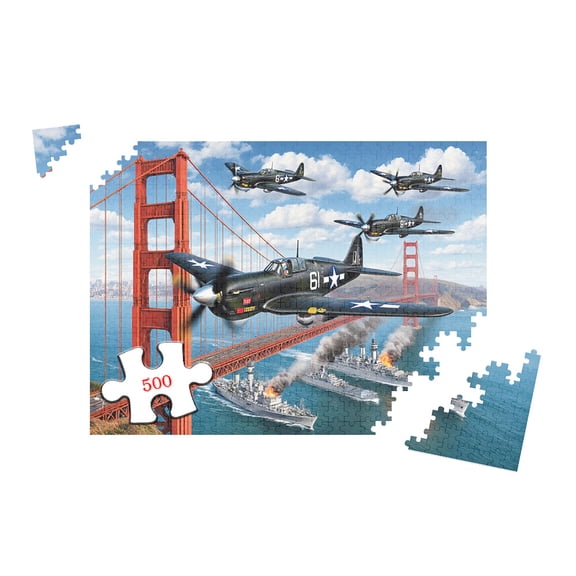 Corsair Fighter Aircraft 500 Piece Jigsaw Puzzle for Adults, World War 2 Military Plane and Warship Battle Scene, Challenging Collectible Art, 20.5x15 Inch Finished Size