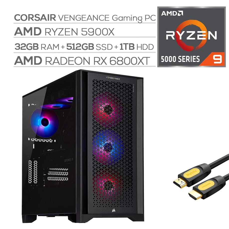 Corsair VENGEANCE Liquid Cool Desktop PC AMD Ryzen 9 5900X up to 4.80 GHz Radeon RX 6800 XT 16GB 32GB RAM 512GB SSD+1TB HDD USB-C WiFi 6 RJ-45 Ethernet Mytrix HDMI Cable Win 10 - Used