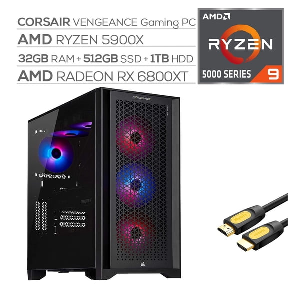 Corsair VENGEANCE Liquid Cool Desktop PC AMD Ryzen 9 5900X up to 4.80 GHz Radeon RX 6800 XT 16GB 32GB RAM 512GB SSD+1TB HDD USB-C WiFi 6 RJ-45 Ethernet Mytrix HDMI Cable Win 10 - Used