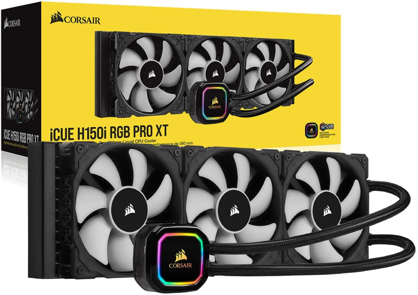 Corsair iCUE H150i RGB Pro XT, 360mm Radiator, Triple 120mm PWM Fans, Advanced RGB Lighting and Fan Control with Software, Liquid CPU Cooler
