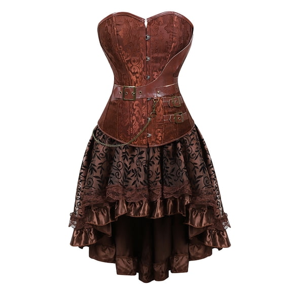 Corset 2 Pieces set Corsets for Women SteamUpnk Goth Leather Bustier Pirate Costume Plus Size Brown 3XL