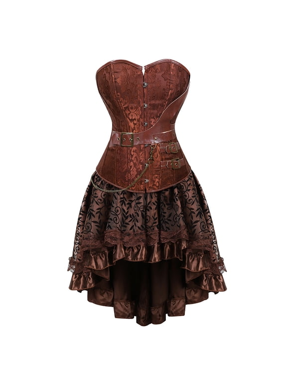 Corset 2 Pieces set Corsets for Women SteamUpnk Gothic Leather Bustier Pirate Costume Plus Size Brown S