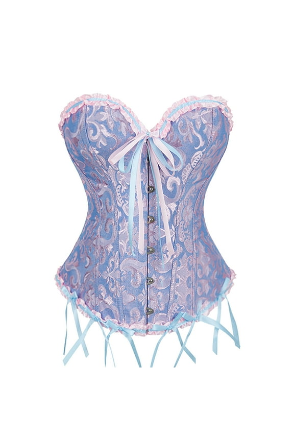 Corset Belt for Women Overbust Bustier Vintage Lace Up Ruffles Halloween with Bow Tie Front Elegant Adjustable Corset Shapewear Blue XL