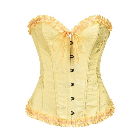 Corset Belt for Women Ruffles Vintage Embroidery Patterns 1920S Bustier Bodysuit Lace Up Push Up Retro Boned Overbust Body Shaper for Women Yellow S