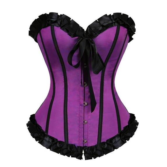 Corset Belt for Women Striped Ruffles Ruched Bustier Bodysuit Retro Boned Overbust Push Up Lace Up Halloween Girdle for Women Purple S