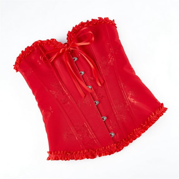Corset Belt for Women Vintage Ruffles Halloween Boned Bustier Bodysuit with Front Tie Lace Up 1920S Retro Overbust Push Up Corset Shapewear Red S
