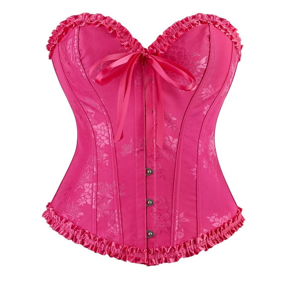 Corset Belt for Women Vintage Ruffles Halloween Boned Bustier Bodysuit with Front Tie Lace Up 1920S Retro Overbust Push Up Girdle for Women Hot Pink M