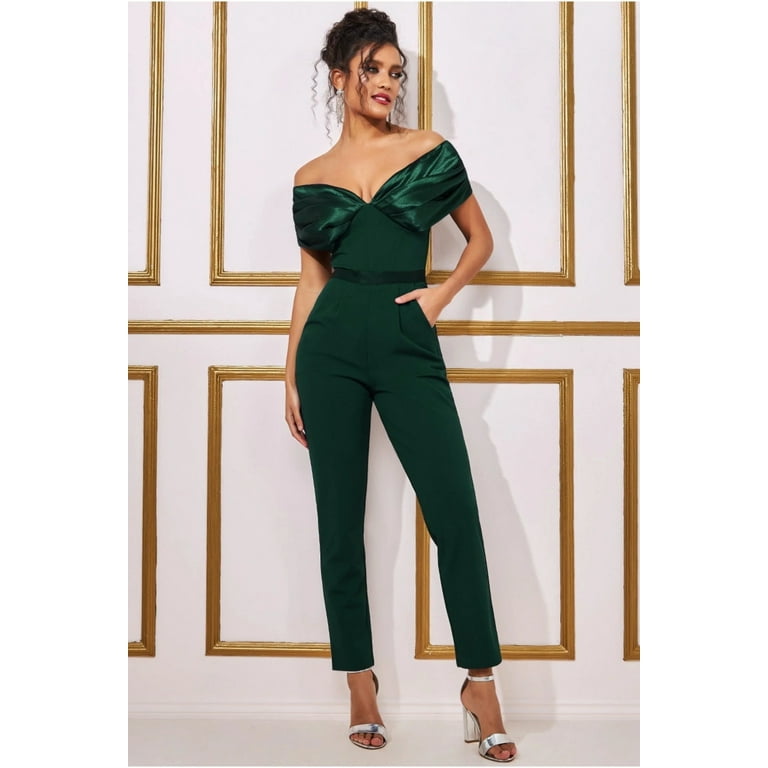Corset Bodice Scuba u0026 Satin Bardot Jumpsuit Emerald / 8 - Walmart.com
