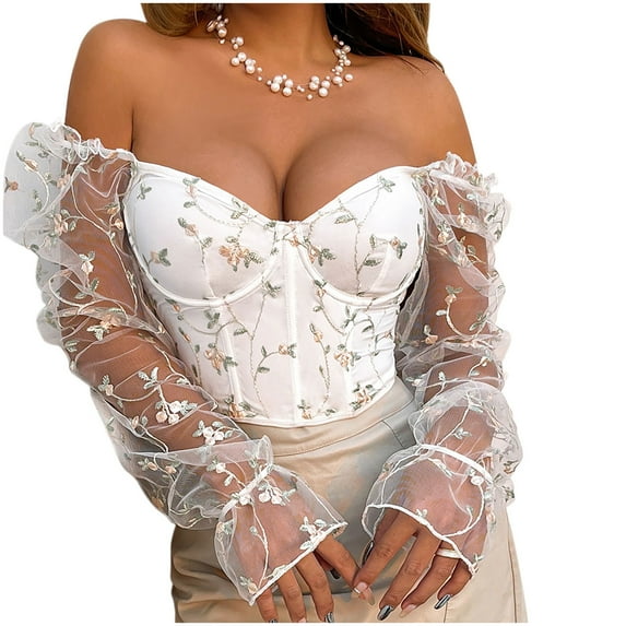 Corset Bodysuit for Women Plus Size, Women Fashion Tops with Embroidery Patchwork Mesh Low Cut Long Sleeved Tops New Bustier Tops Plus Size Style B-73 White M