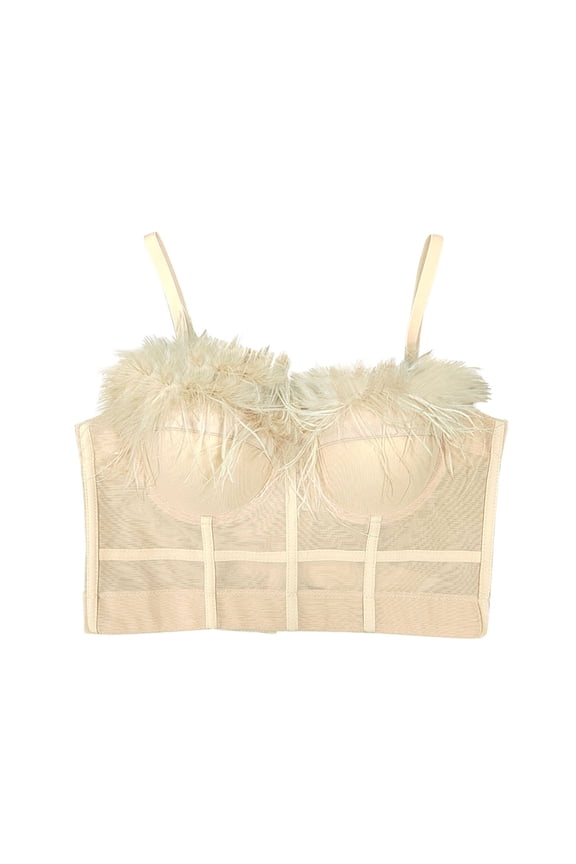 Corset Bra for Women Sheer Mesh See Through Feather Crop Tops Bustier Brassiere Padded Wirefree Longline Bras