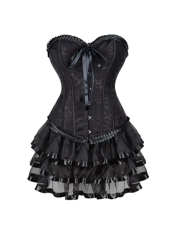 Corset Bustier Overbust Women Classic Lace Overlay with Tulle 2 Pieces Plus Size Costume Black XXS