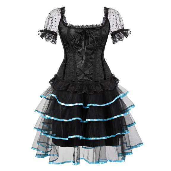 Corset Bustiers 2 Pieces Tops Set with Sleeves floral Lace trim Straps Plus Size burlesque Black Blue XL