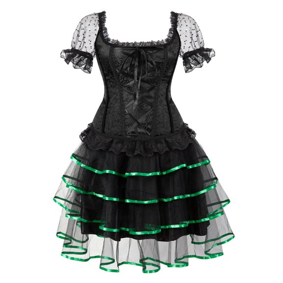 Corset Dress Bustiers Skirt tutu Tops Set with Sleeves floral Lace trim Straps Plus Size burlesque Black Green XL