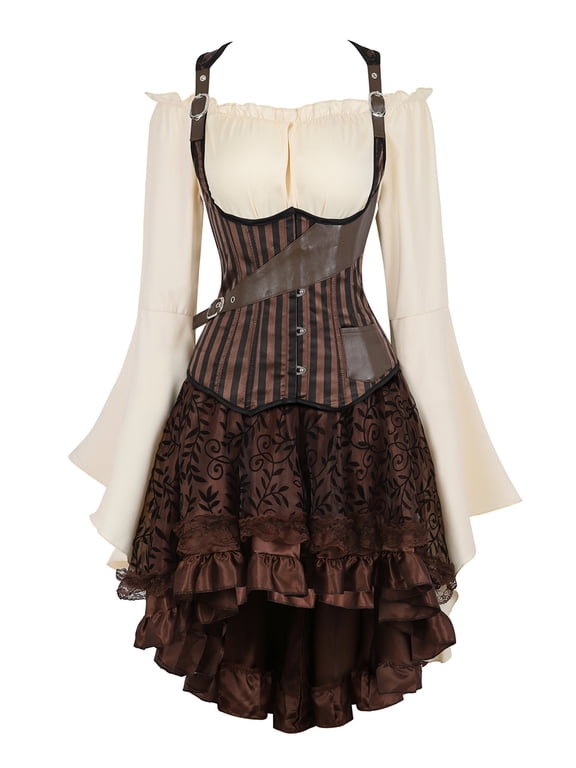 Corset Underbust Basques and Bustier Lace Steampunk Pirate Costume Gothic Brown S