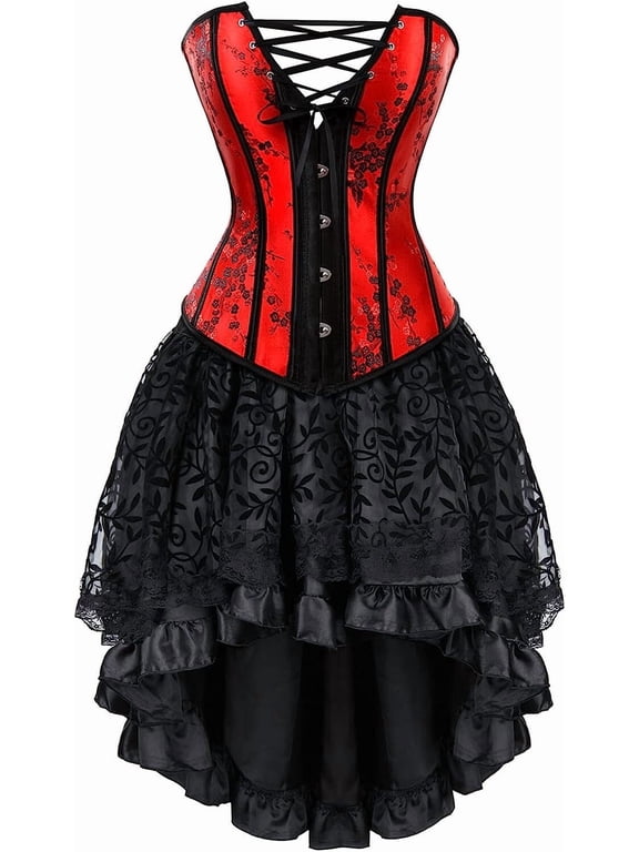 Corset Women Overbust Bustiers Lace 2 Pieces Set Lingerie Gothic Costume Victorian Red XS