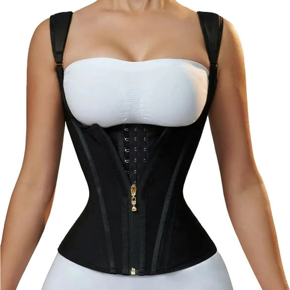 Corset Latex Waist Trainer Corset Zippered Tummy Control Sport Workout Body Shaper with 15 Bones Corset for Women Black S