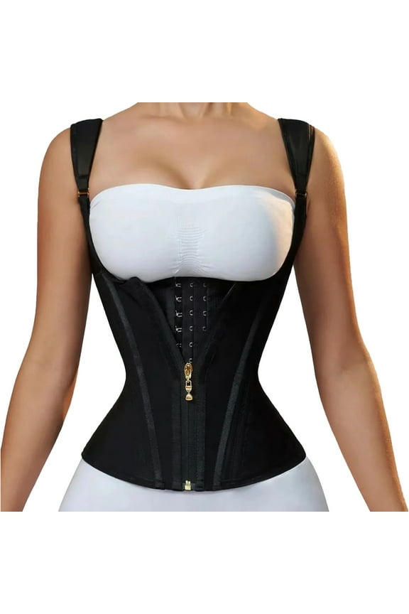 Corset Latex Waist Trainer Corset Zippered Tummy Control Sport Workout Body Shaper with 15 Bones Womens Corset Top Black L