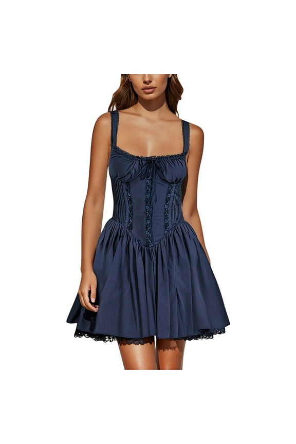 Corset Mini Dress for Women, Sleeveless Bodycon Ruffle Skater Dress, Gothic Lace Up Summer Clubwear Dress